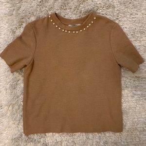 Zara tan blouse with pearl collar